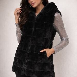Rachel Zoe Faux Fur Hooded Vest Women’s Large Black Hook & Eye Glam